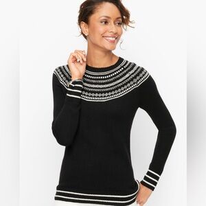 Talbots Fair Isle Crewneck Cotton Blend Sweater Black White Nordic Large Petite